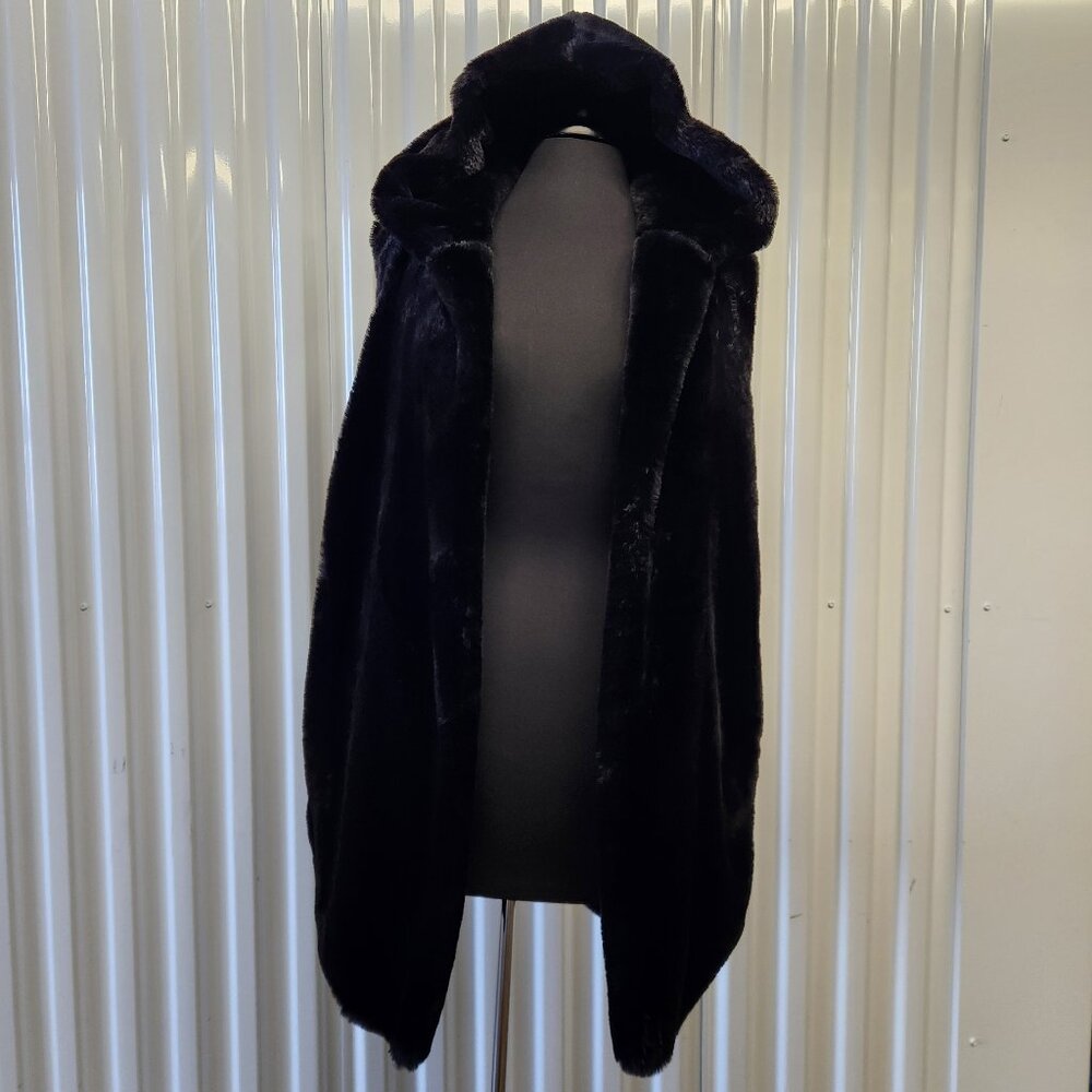 Black Faux Fur Hooded Sleeveless Long Vest Size L